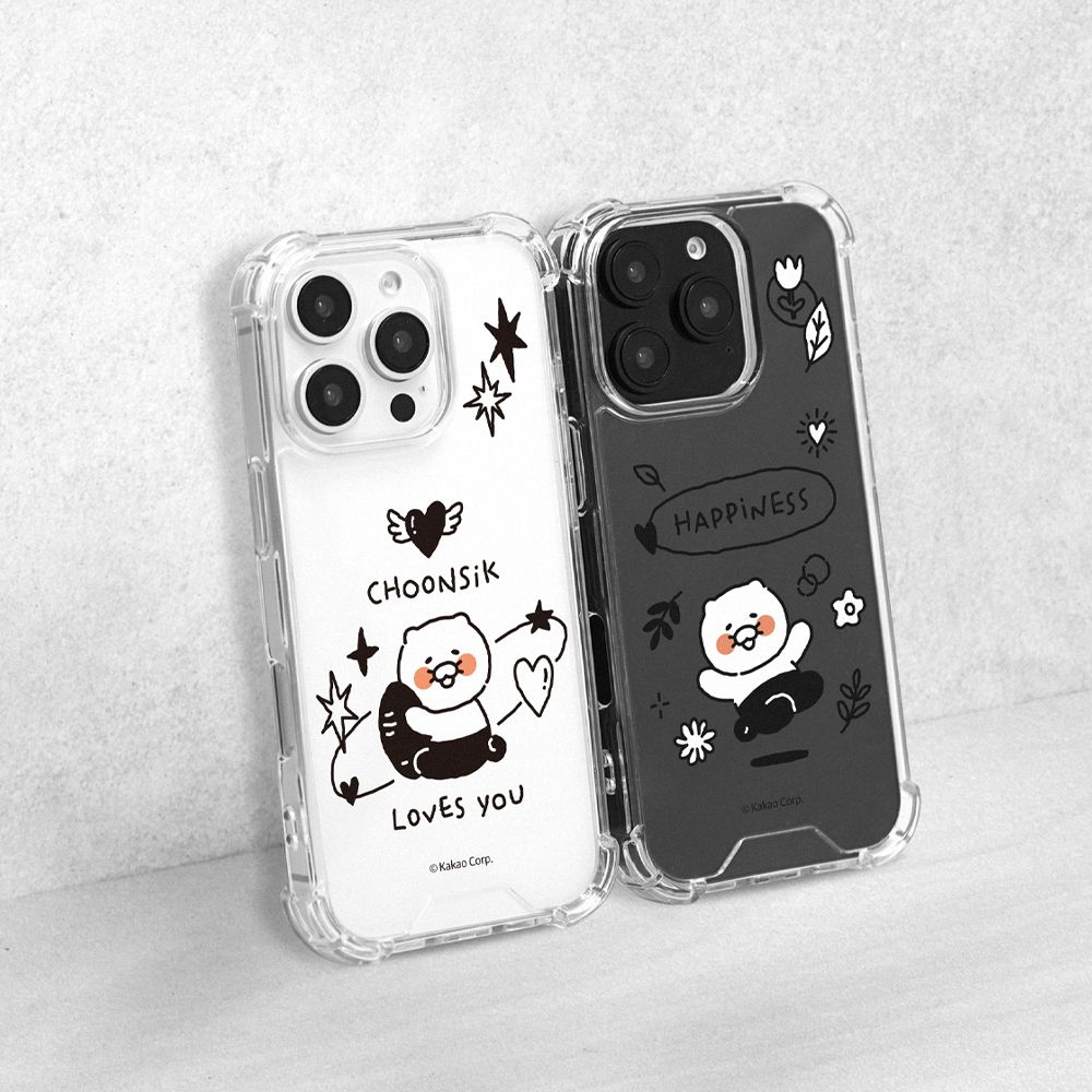 [S2B] KAKAO FRIENDS CHOONSIK Clear TPU+PC Bumper Case – Crystal Clear, Shock-Absorbing, Camera & Button Protection for iPhone & Galaxy - Made in Korea